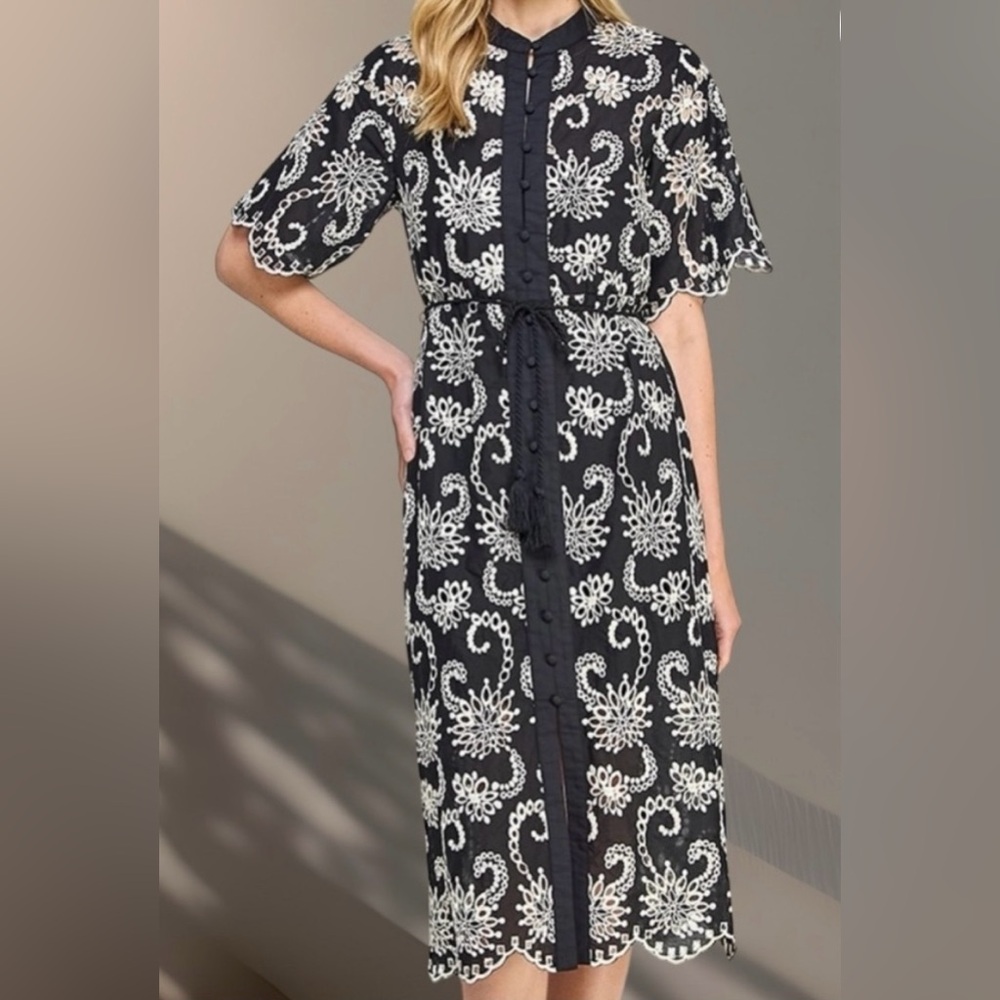 Ellison Black and Cream Floral Eyelet Midi Dress